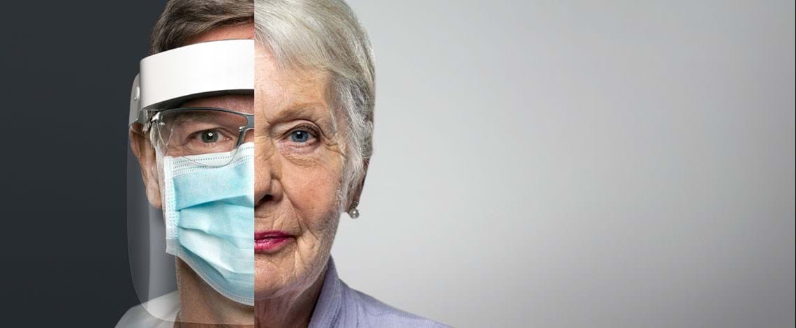 Split face campaign featuring an elderly woman and a dentist wearing PPE